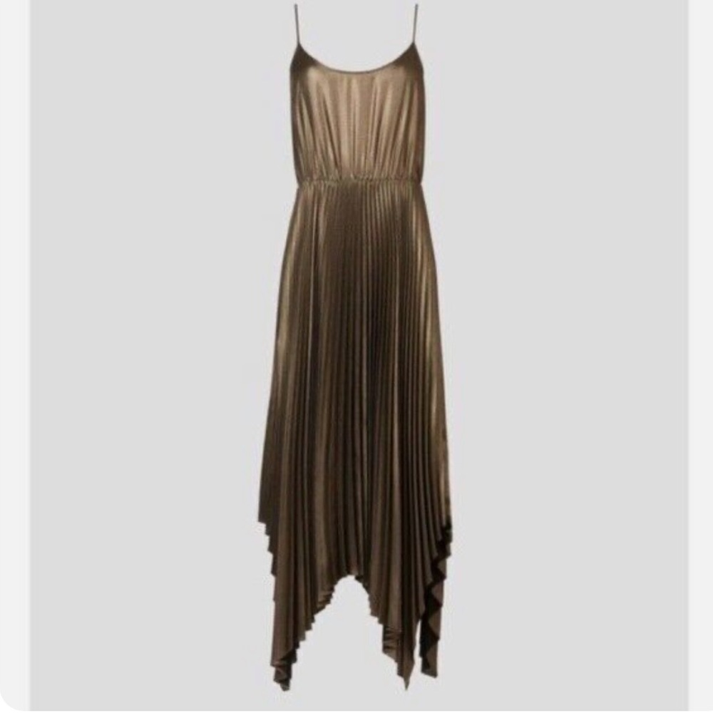 All Saints Lerin Gold Metallic Pleated Dress